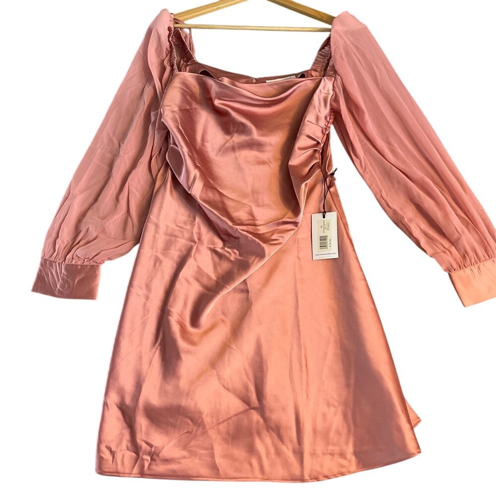 WeWoreWhat Satin Mini Dress Rosewood Pink Puff Sleeve Ruched Women Size 12